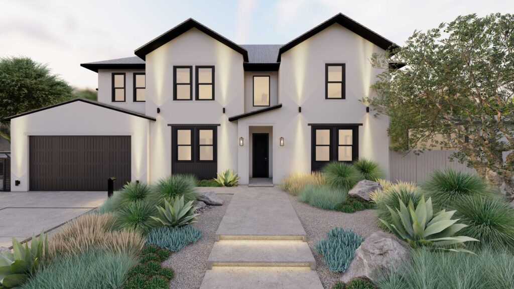 Two story modern white home with concrete front path and drought tolerant plantings and boulders in front yard