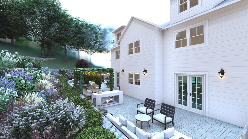 Side yard with outdoor lounge area and fireplace