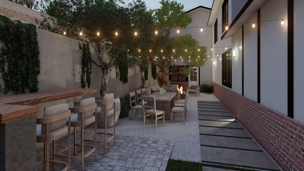 Side yard with outdoor lounge area under pergola with string lights