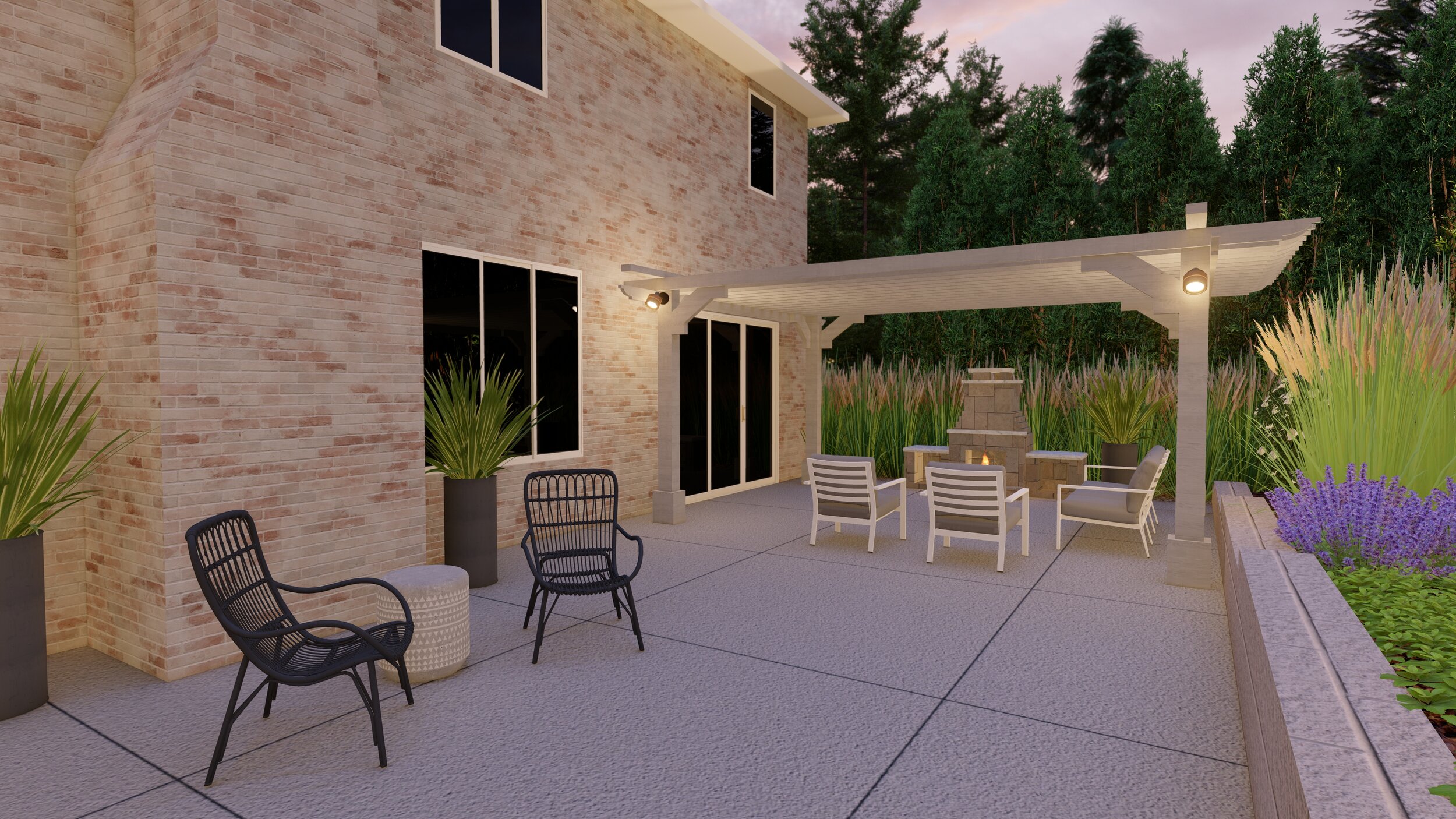 Lush backyard with pergola, outdoor seating area near fireplace