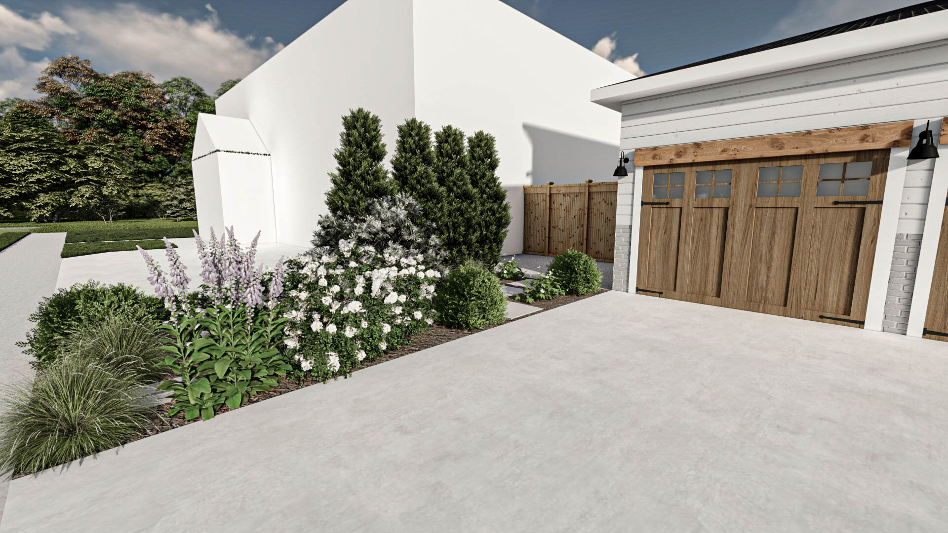 Side yard view of driveway and garage door near lush plantings