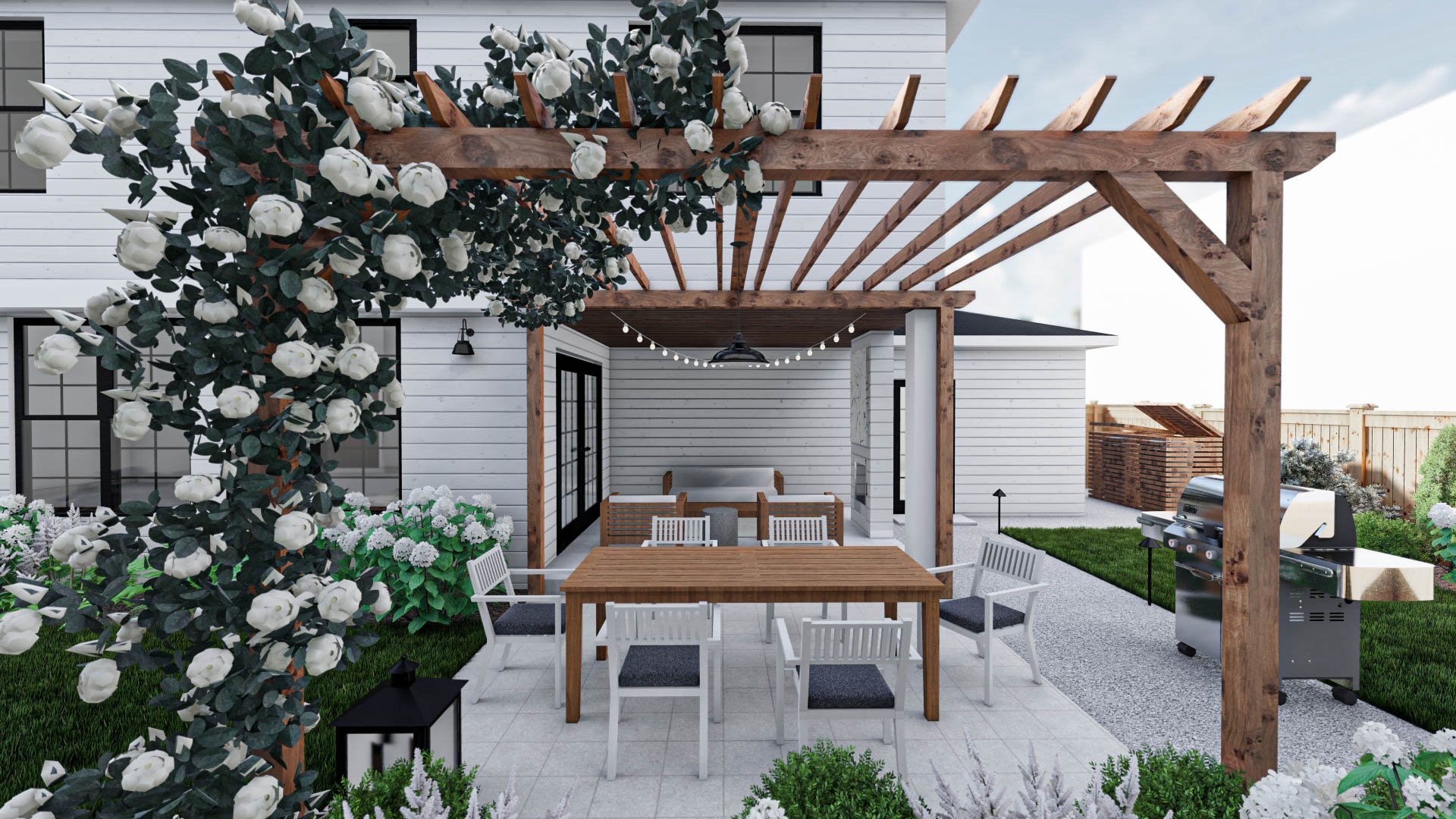 wooden pergola attached to cover back porch with climbing white roses