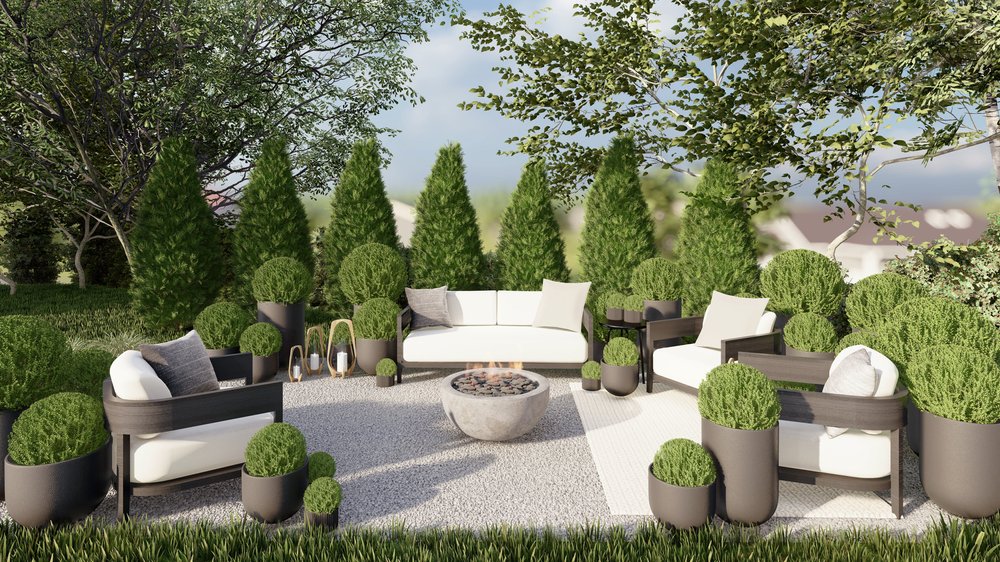 Fire pit seating area in a front yard design for a Yardzen client in Harpswell, ME