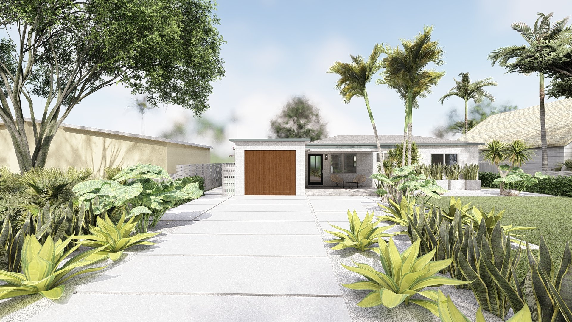 Front yard view of driveway with lush tropical plantings and garage 