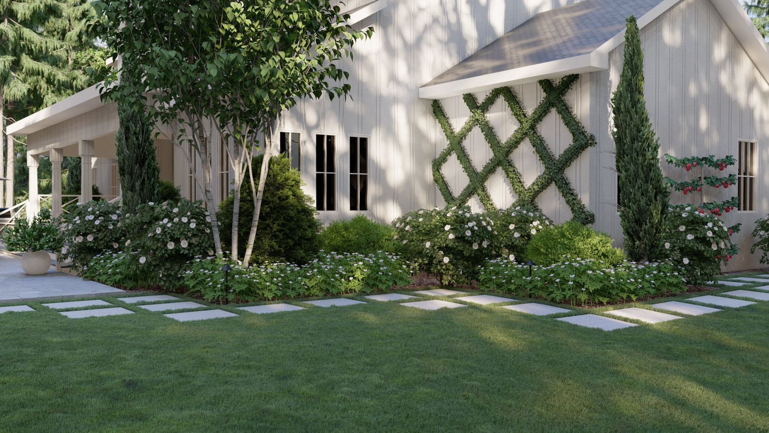 Roswell side yard plantings with concrete paver pathway