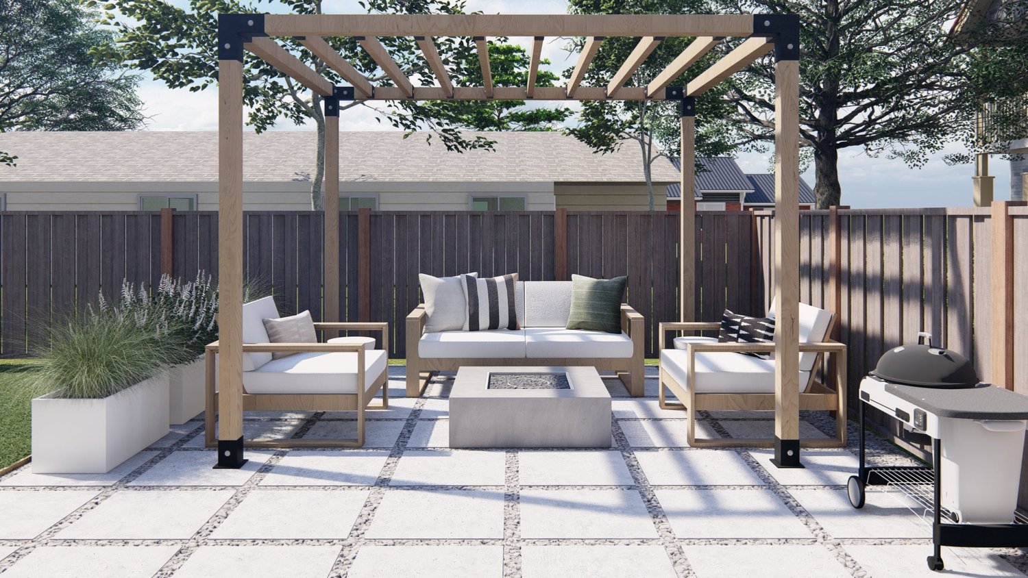 San Francisco backyard showing concrete paver patio and outdoor kitchen, with pergola over fire pit seating area