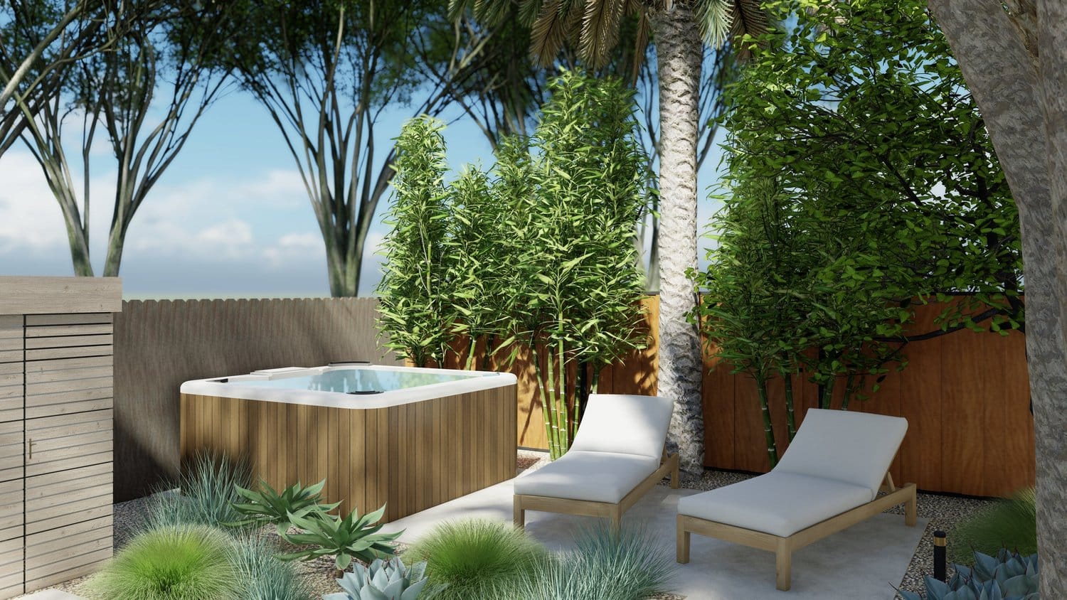 San Francisco patio with hot tub and chaise lounge set