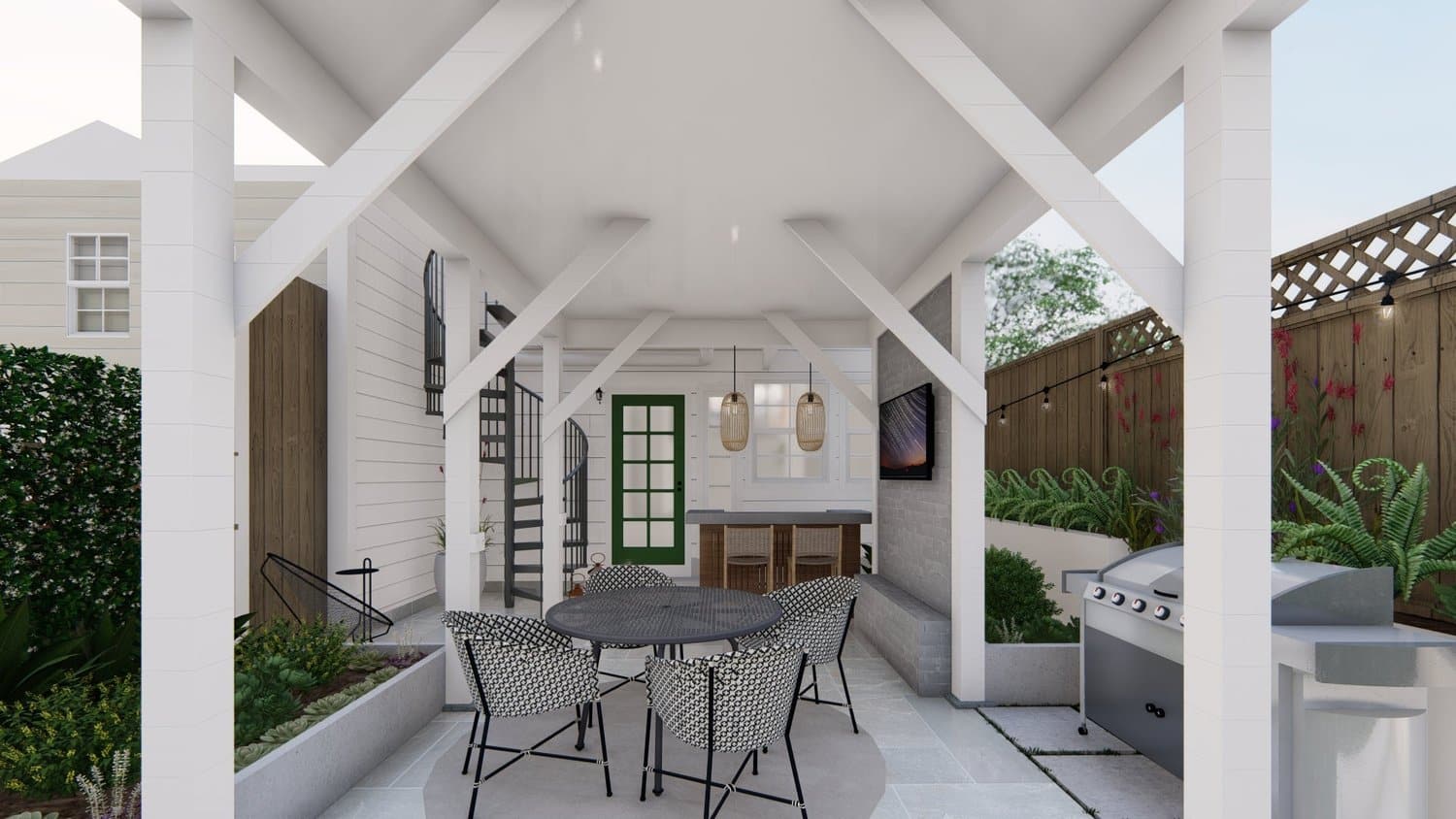 San Francisco patio with pergola dining area and outdoor kitchen