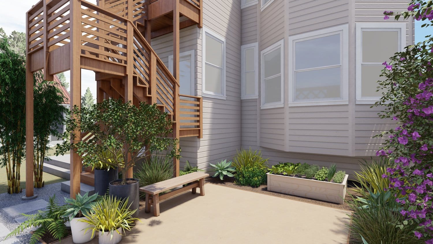 San Francisco side yard garden with bench and planters