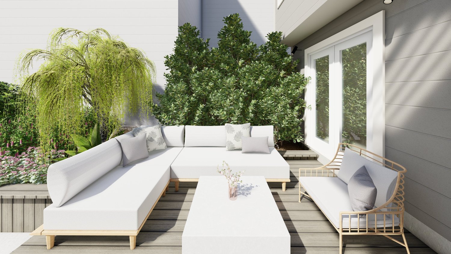 San Francisco side yard deck patio with sectionals and plantings