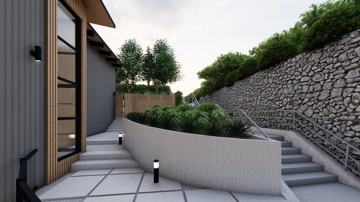 San Francisco side yard with stone terrace retaining wall with plants, and concrete stairways