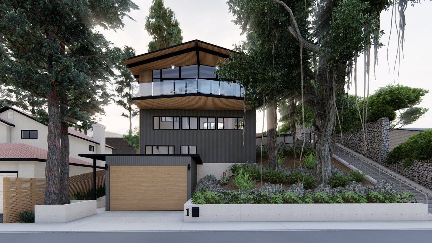 San Francisco frontyard design with garden, retaining wall and trees