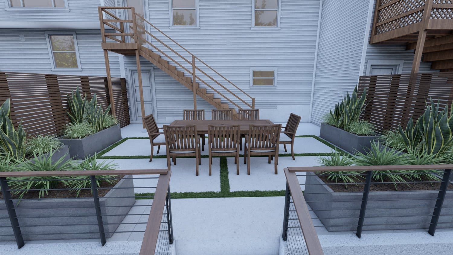 San Francisco backyard paver patio dining area with raised garden beds