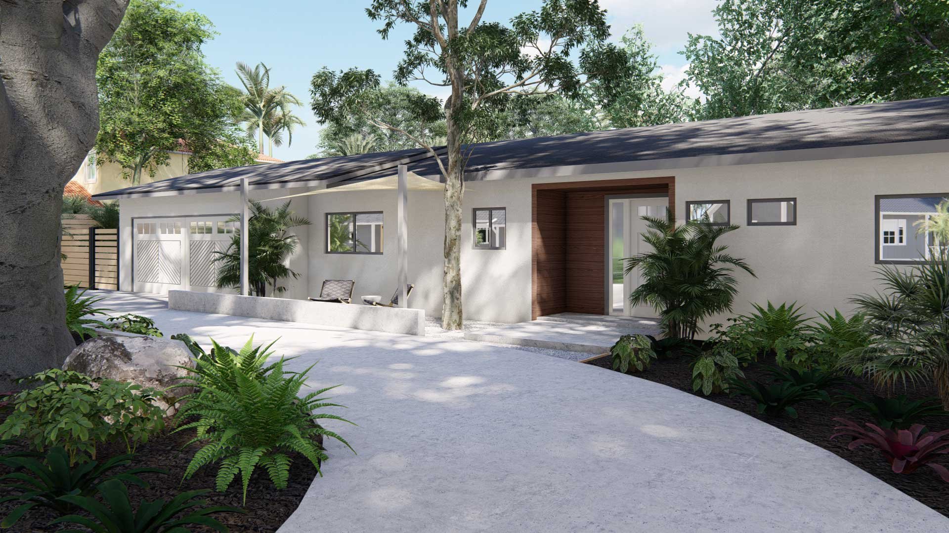 Front yard with curved driveway with lush tropical plantings and small porch area with seats