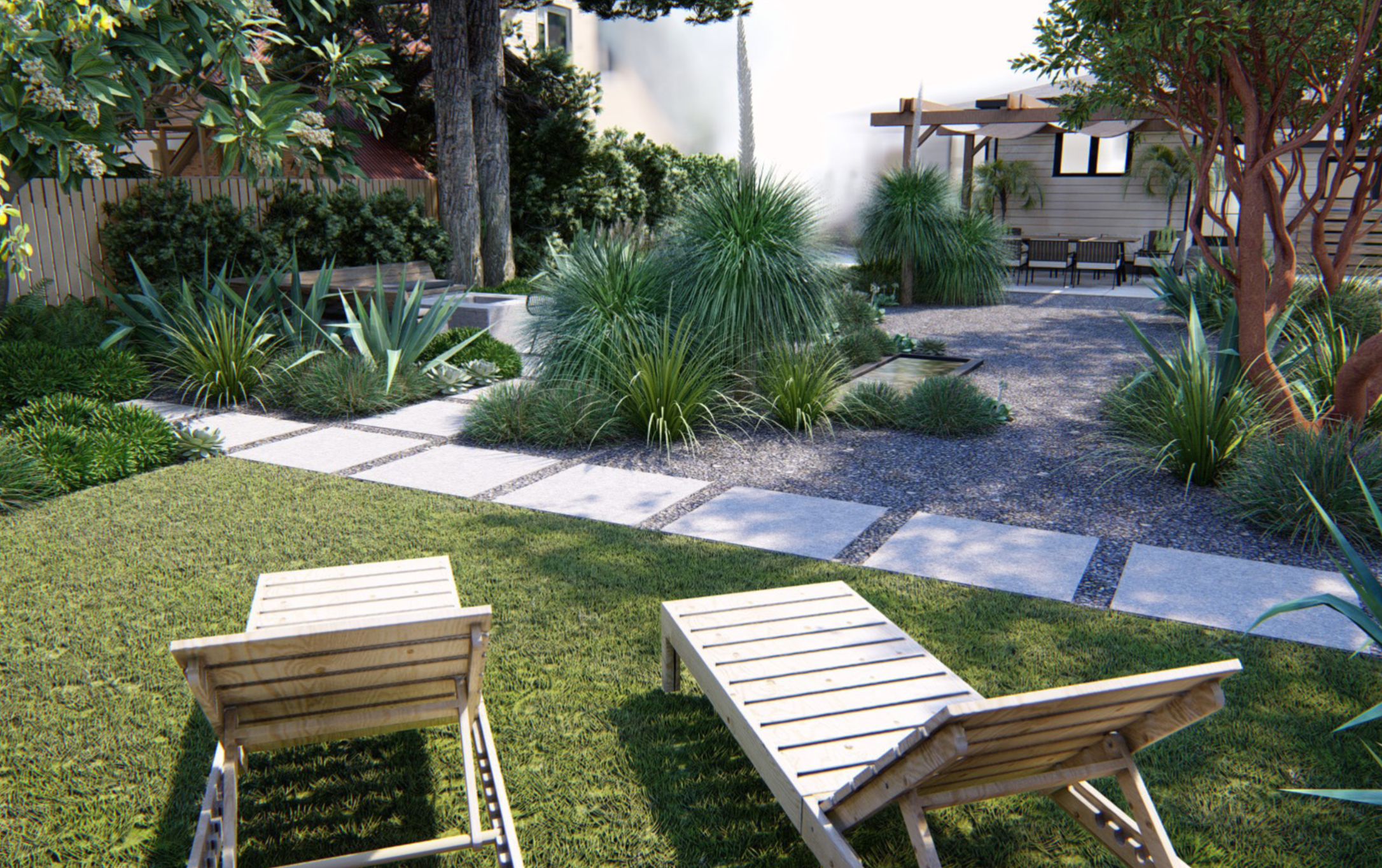 Saletnik and Vesely wanted a synthetic lawn area for their dog, Jasmine, to play. This lawn area is at the back of the property and also makes a good spot for two lounge chairs.