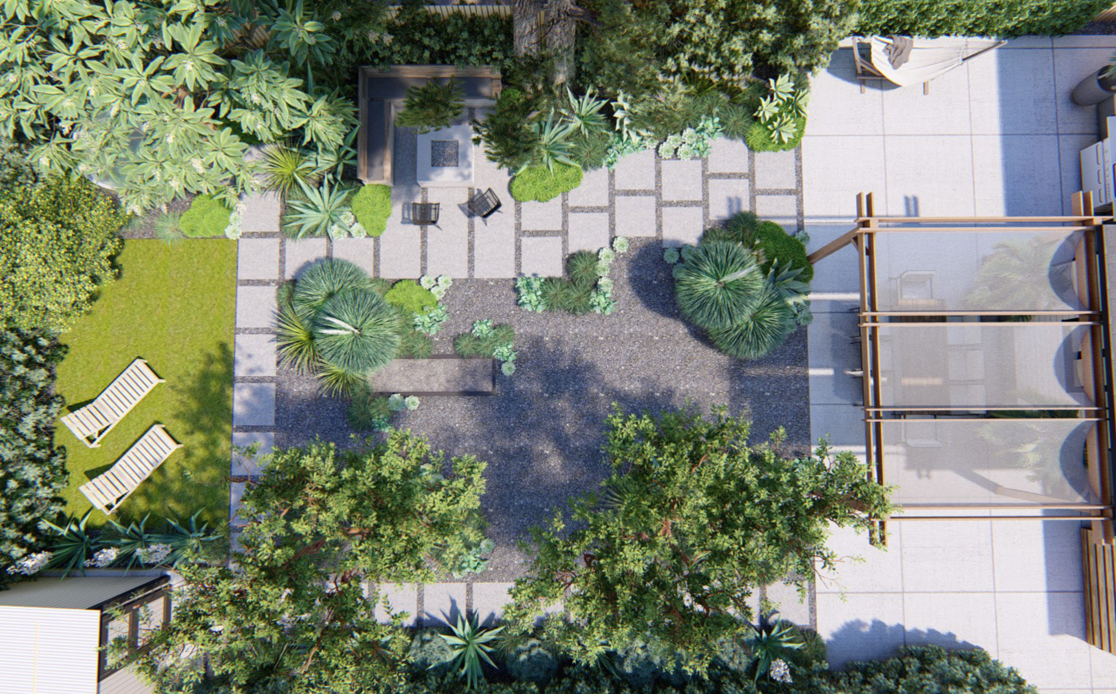 The bird’s-eye view of Saletnik and Vesely’s backyard shows how all the elements connect. Quarter-inch mixed beach pebble is used at the center of this space and also in between poured concrete pavers knitting the spaces together visually.