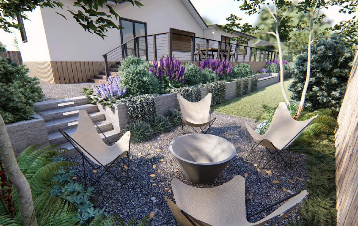 A fire pit space is tucked in the back corner of the property for evening gatherings. The area is kept simple with gravel paving and a concrete fire pit.