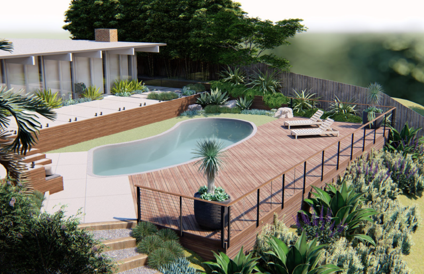 The Yardzen Render. A digital rendering of Dorothy and Connor Sears’ backyard. It showcases a remodeled pool, a new ipe wood deck, updated concrete and plantings, and see-through railings that keep views unobstructed.