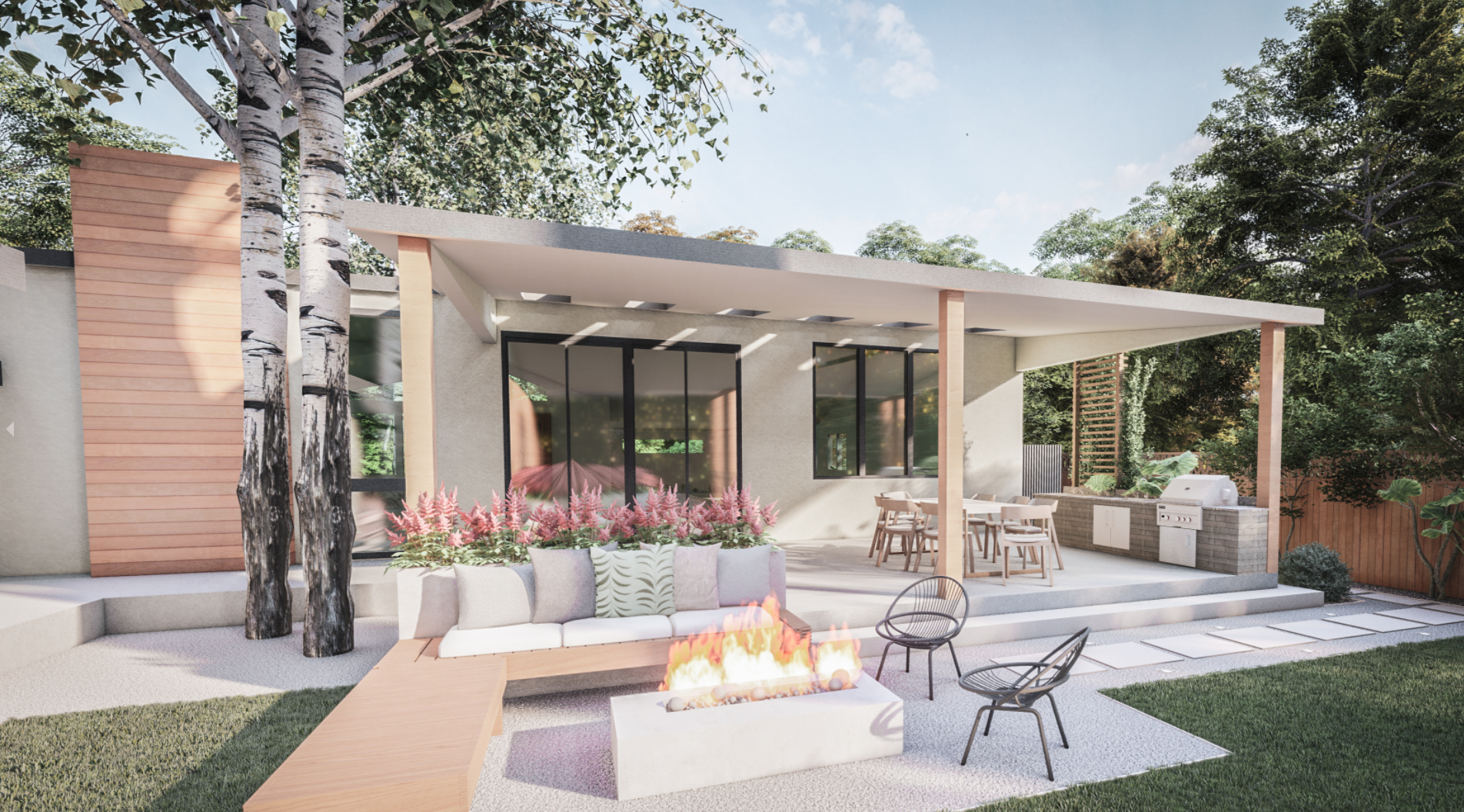 Modern backyard with pergola and built in seating around fire pit