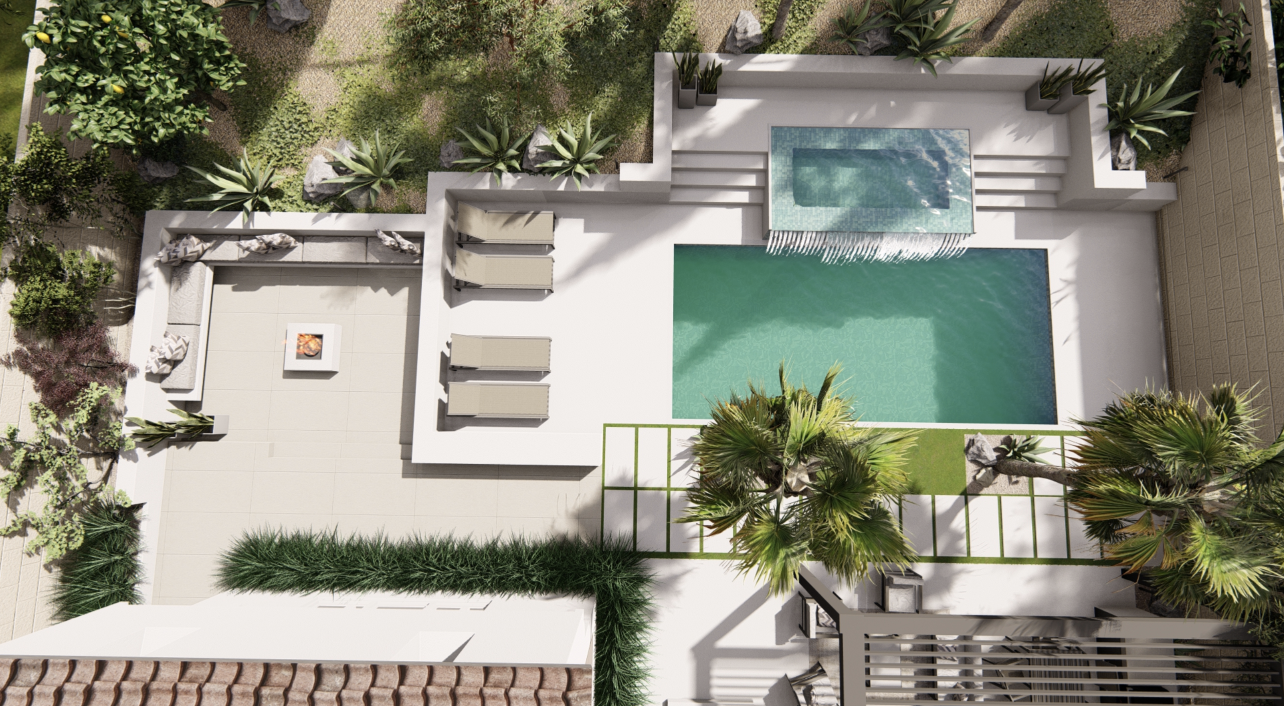 Overhead view of backyard with plunge pool and fire pit