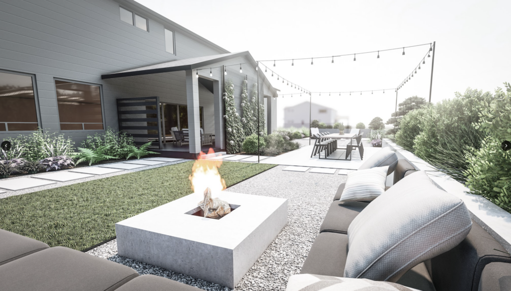 Clean lines in modern yard with fire coffee table