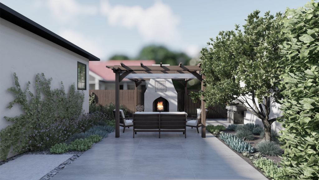 Outdoor fireplace and furniture on a side yard hardscape