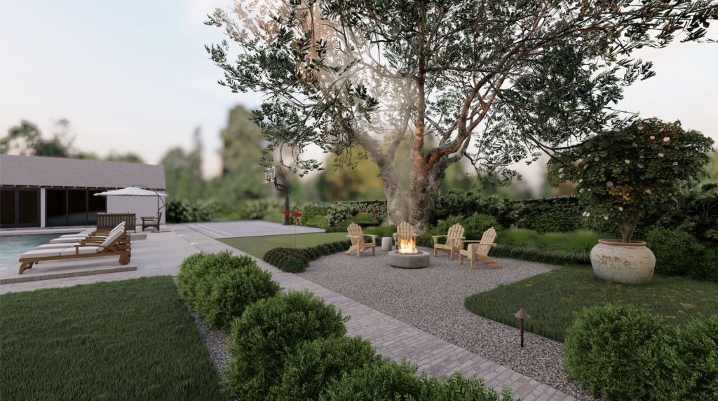 Traditional yard with graveled fire pit area, container tree, and swimming pool