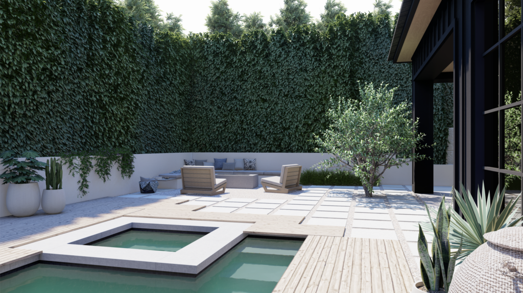 Tall privacy hedges surrounding modern backyard with concrete pavers, fire table, and plunge pool