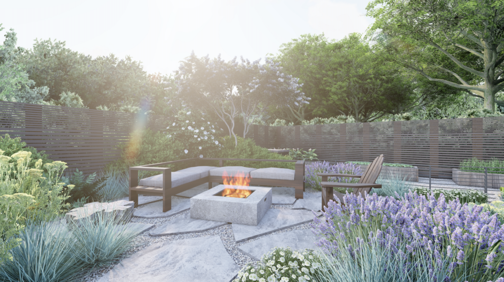 Flagstone patio with lounge area in cottage garden