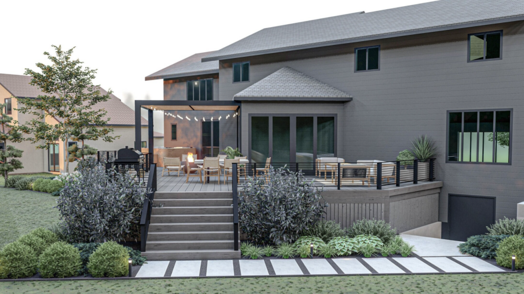 Dark charcoal home exterior with large wrap around deck with outdoor dining and lounge area