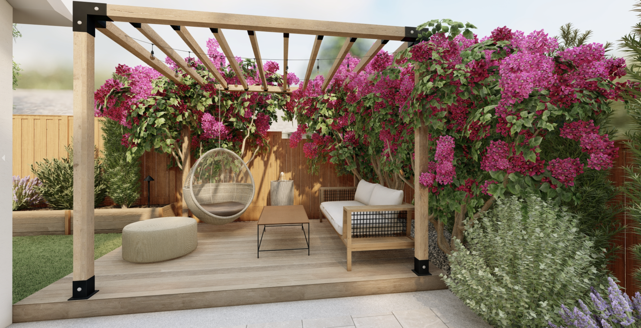 California back yard enjoys additional privacy thanks to a bourgenvilla covered pergola