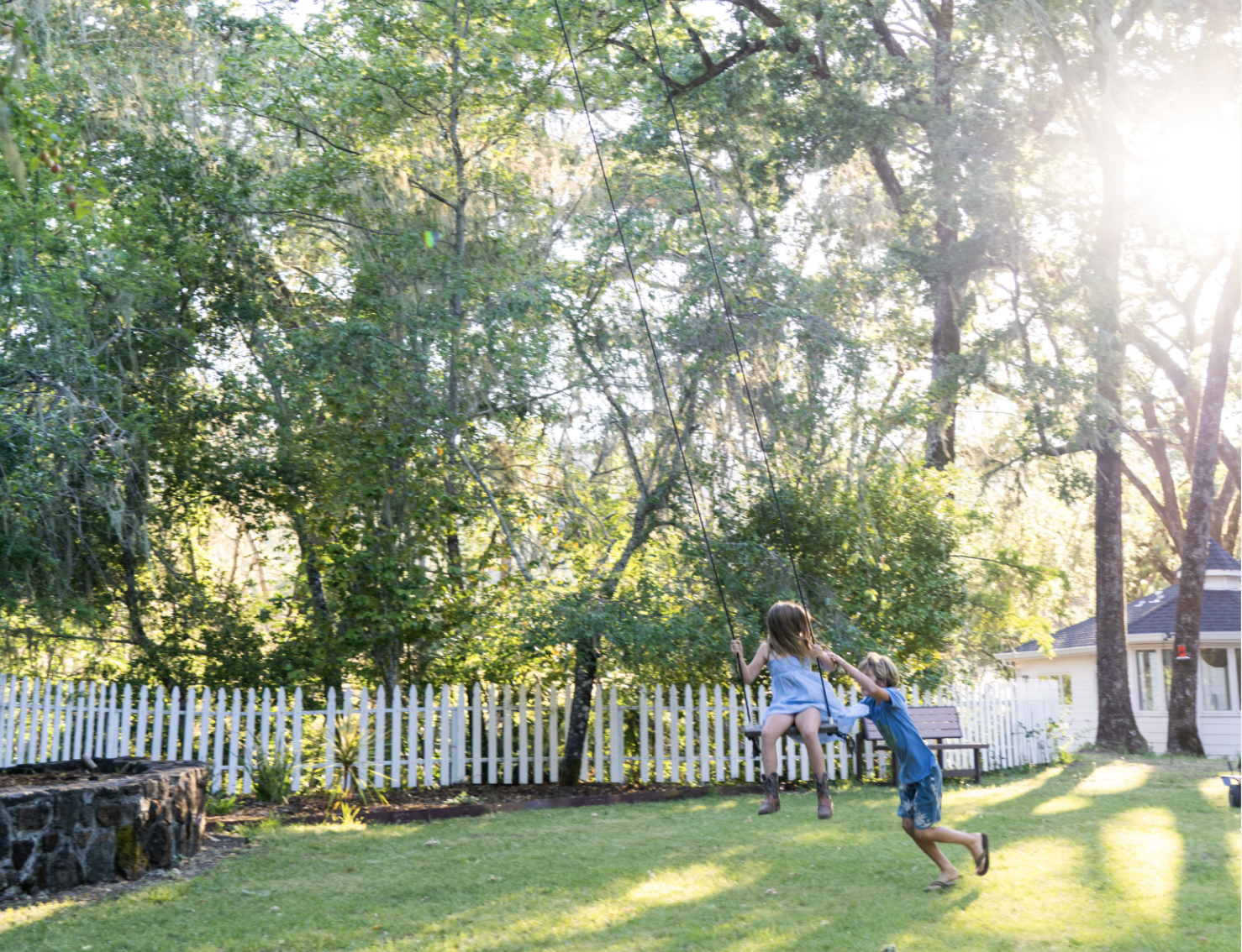 A yard with picket fence, tree swing and trees
