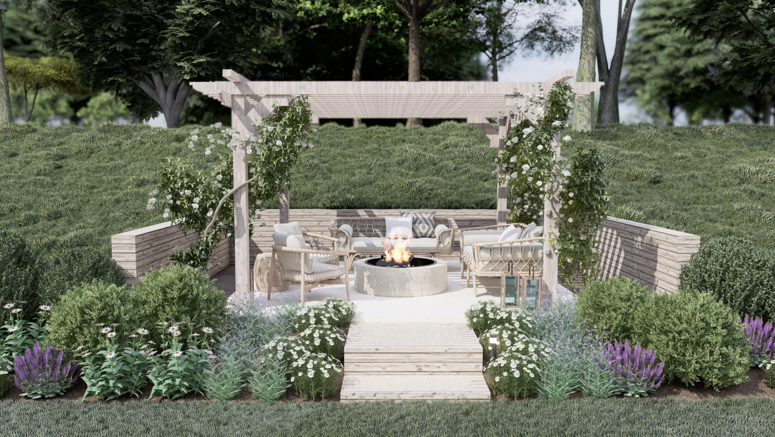 Slope lush garden, pergola decorated with plants over outdoor sitting area and fire pit