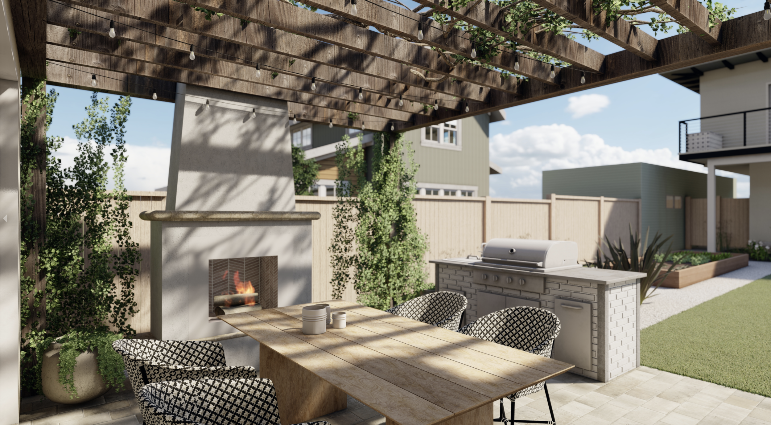 Outdoor kitchen and dining area with fireplace in San Diego, CA landscape design