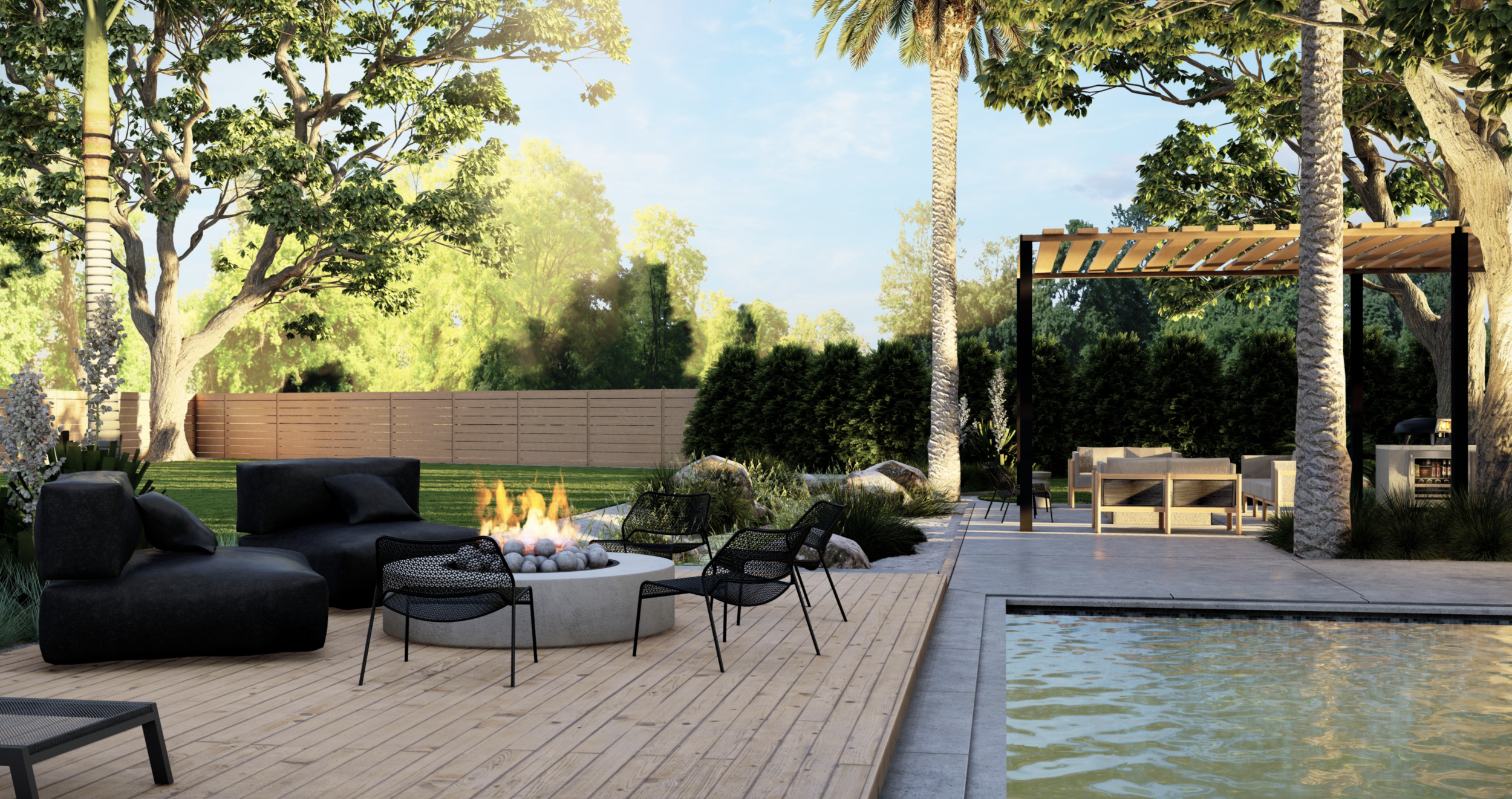 Outdoor fire pit with seating near a pergola covered outdoor kitchen and lounge area in California back yard design