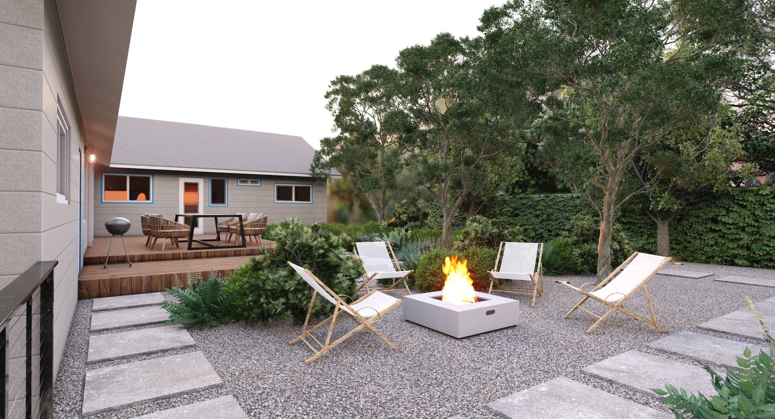 Social yard with a sitting area on a deck, a sitting area around a fire pit, and plants