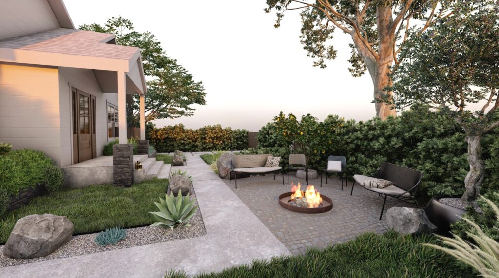 Stone paver patio with fire ring surrounded with chairs and plants. 