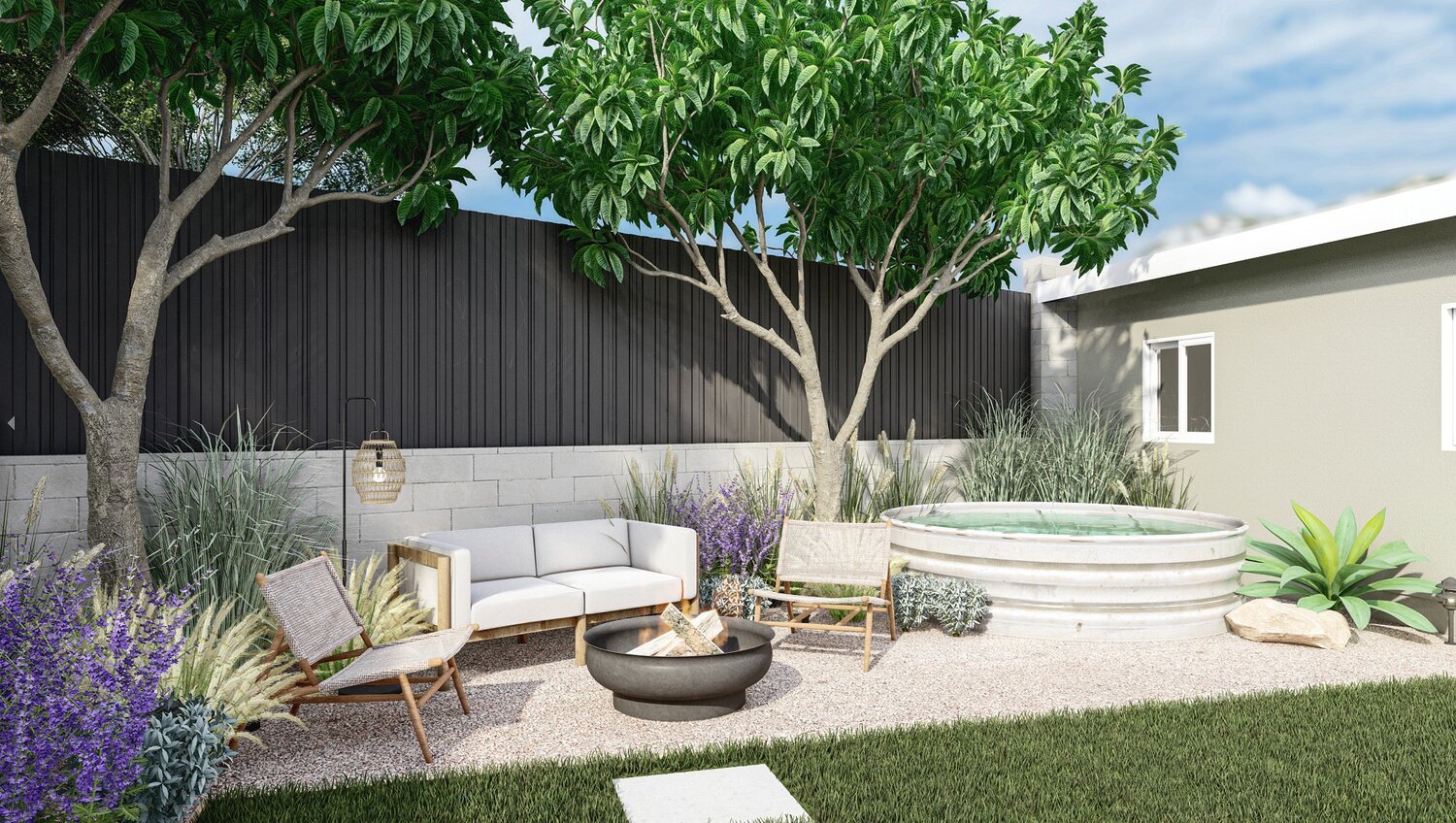 Above-ground stock tank pool surrounded by drought-tolerant plants and seating area with loveseat, lounge chairs, and fire pit