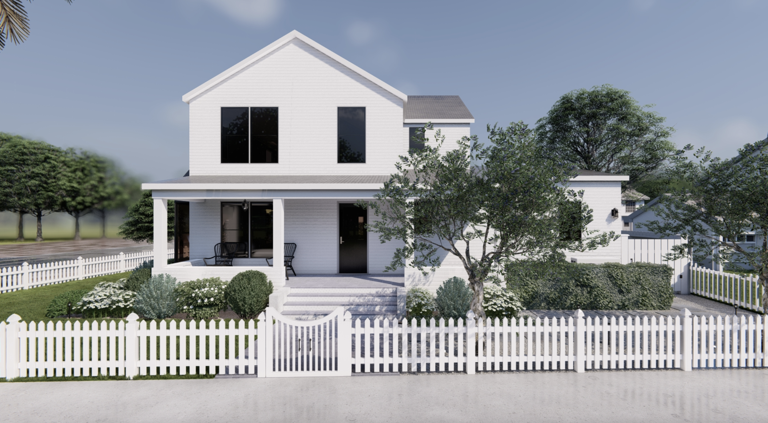 Modern farmhouse front yard with porch and white fence