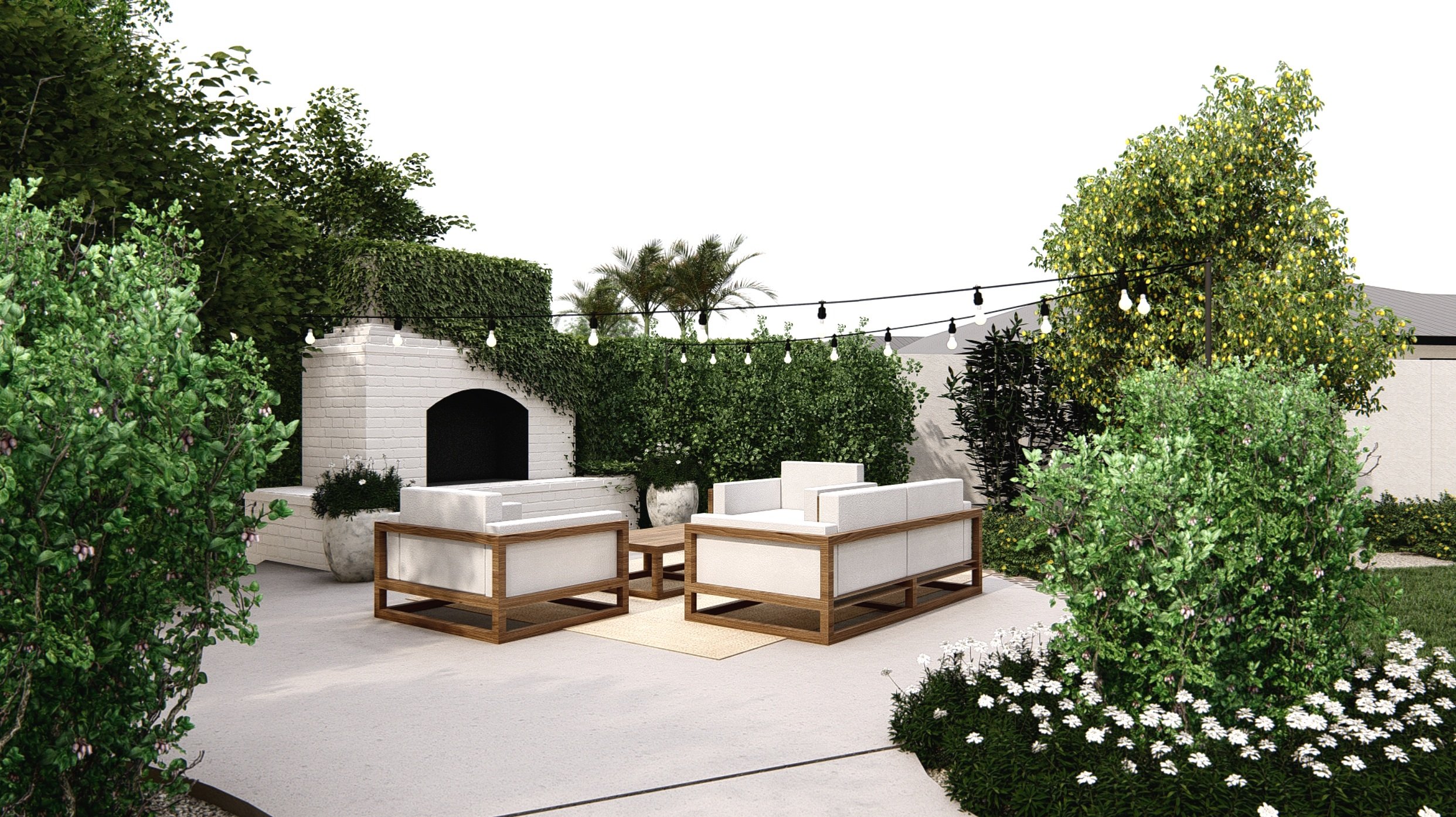 Fenced backyard with a sitting area, a fire place and outdoor lights hanging over with some flowers