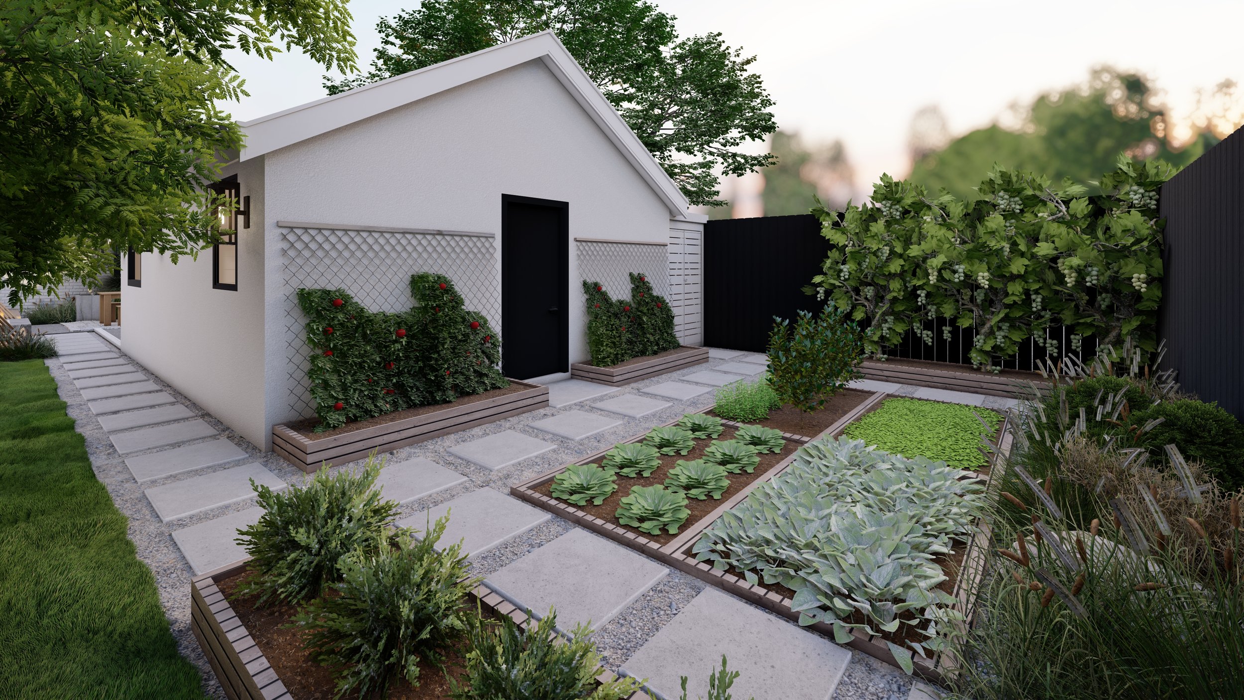 Fenced social backyard with trellises and edible garden