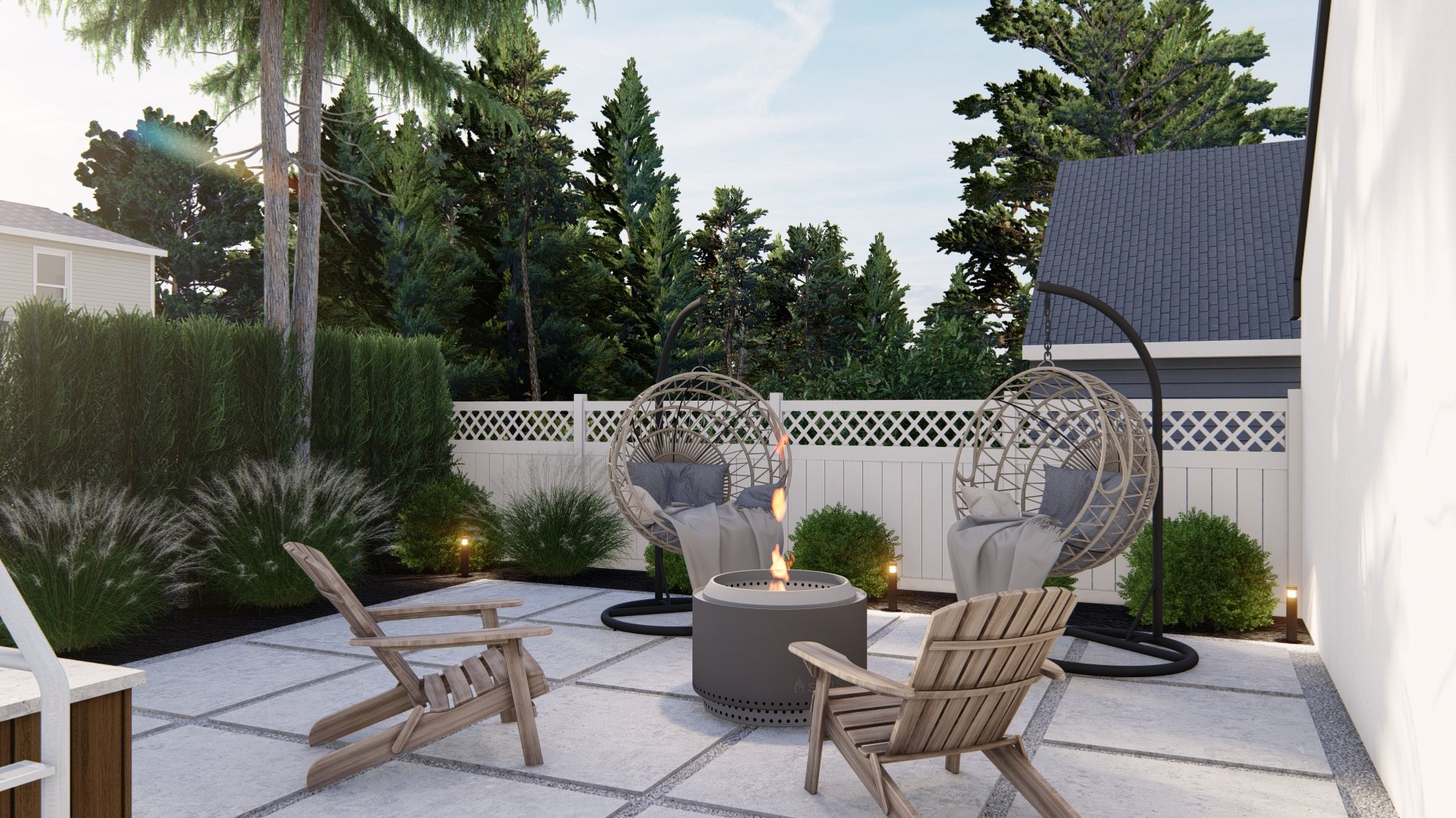 Concrete floor yard, harrier hanging chairs, adirondack chairs, fire pit, and ornamental plants.