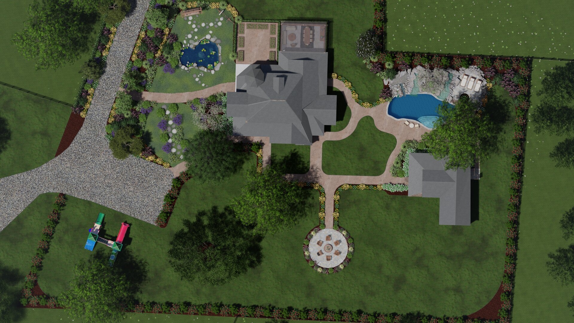 Overview of house with gravel pathways, pond, fire pit and in ground swimming pool