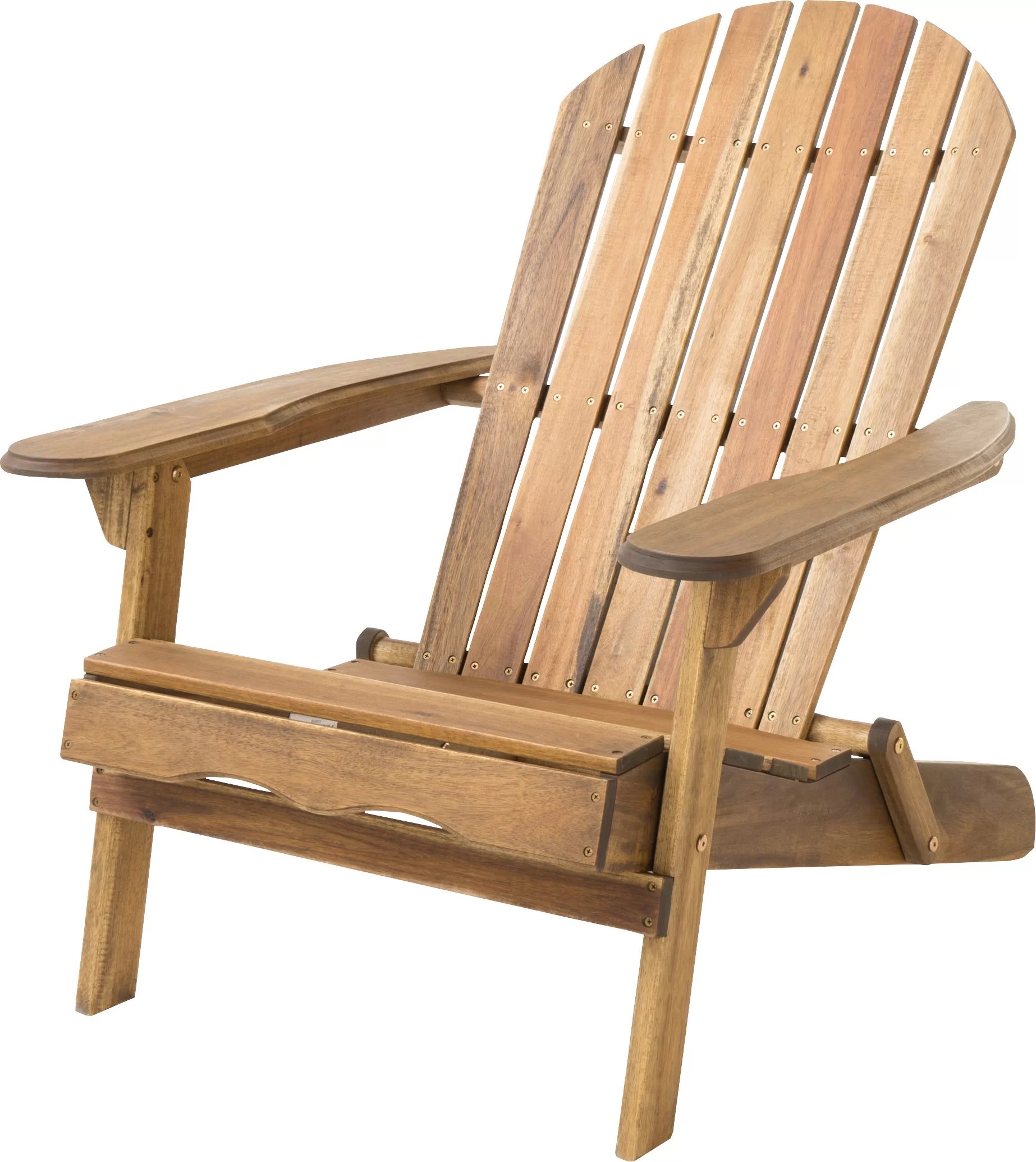 Traditional wooden adirondack chair with folding mechanism on back leg.