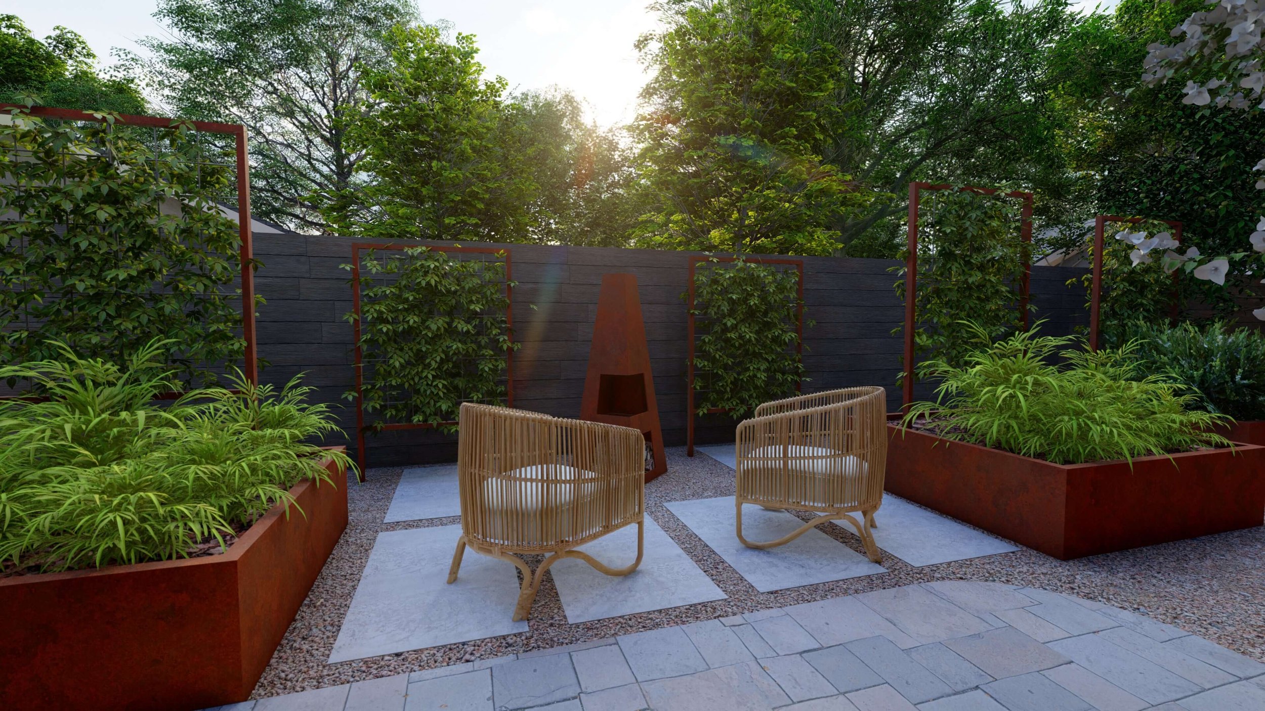 Corten steel vegetable planters are key to the earthy color palette that dominates this design.