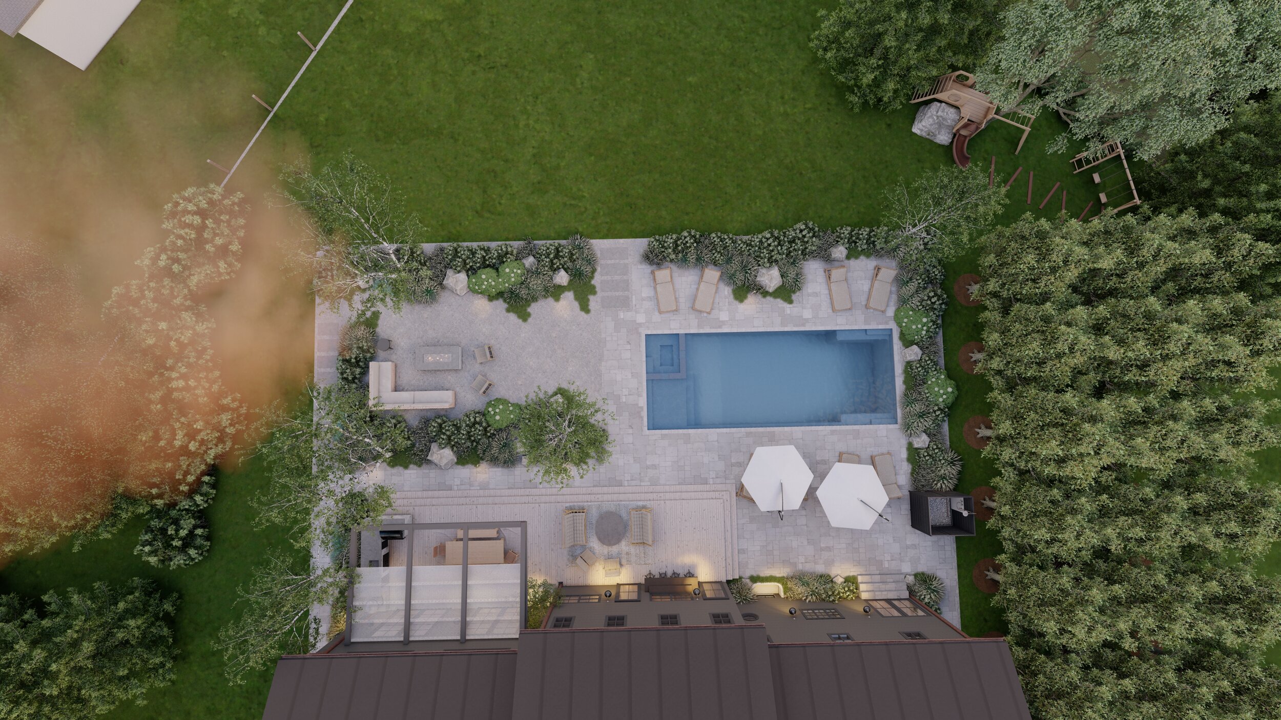 Overhead view of backyard with fire pit, outdoor kitchen, swimming pool