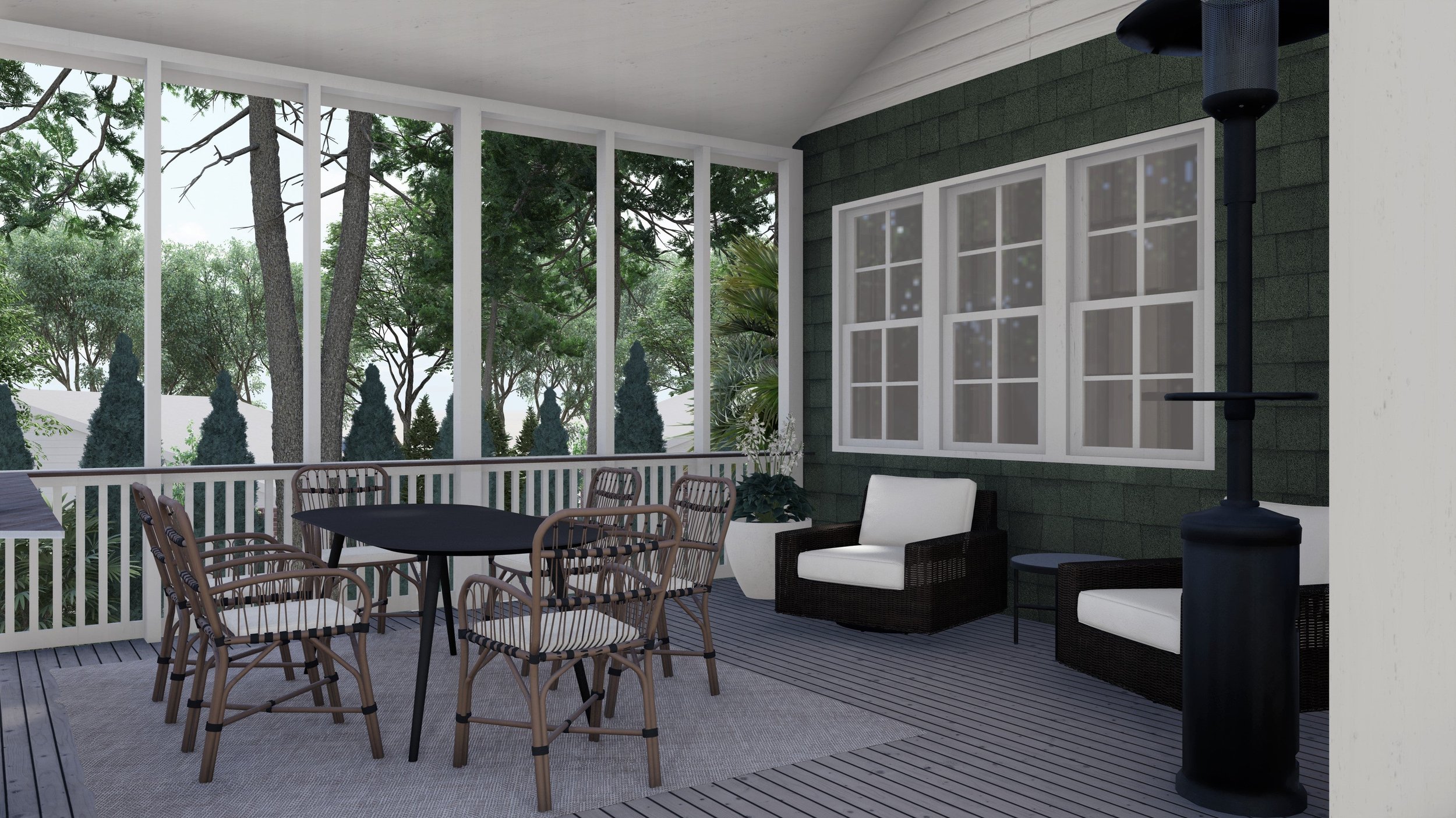 With rattan and wicker patio chairs, the Ballo achieves modern bohemian and traditional style at once on a back porch design for our client in Atlanta, GA.