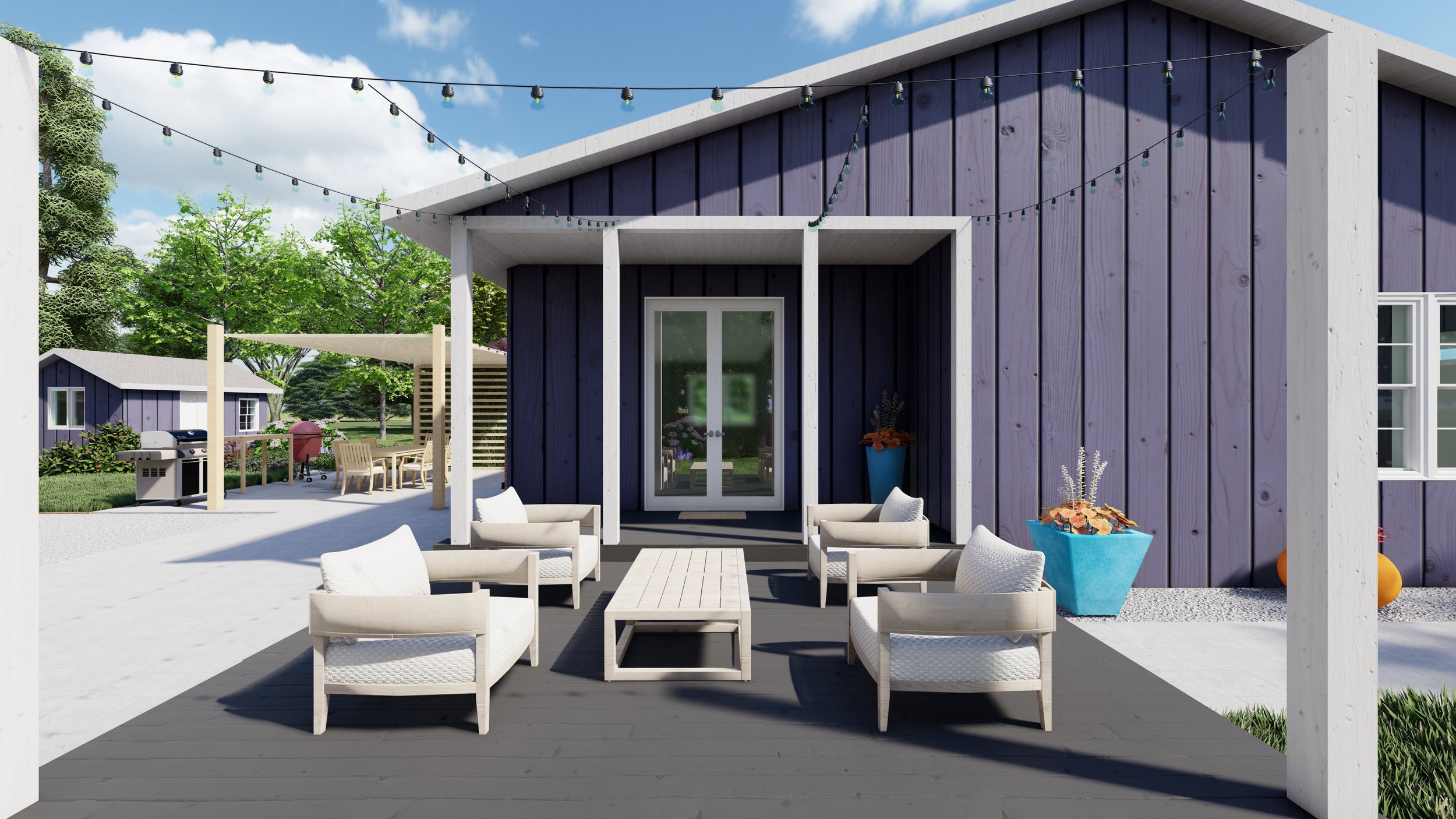 A Yardzen design for a client in Poulsbo, WA with a backyard seating area created with four Balmain lounge chairs and coffee table.