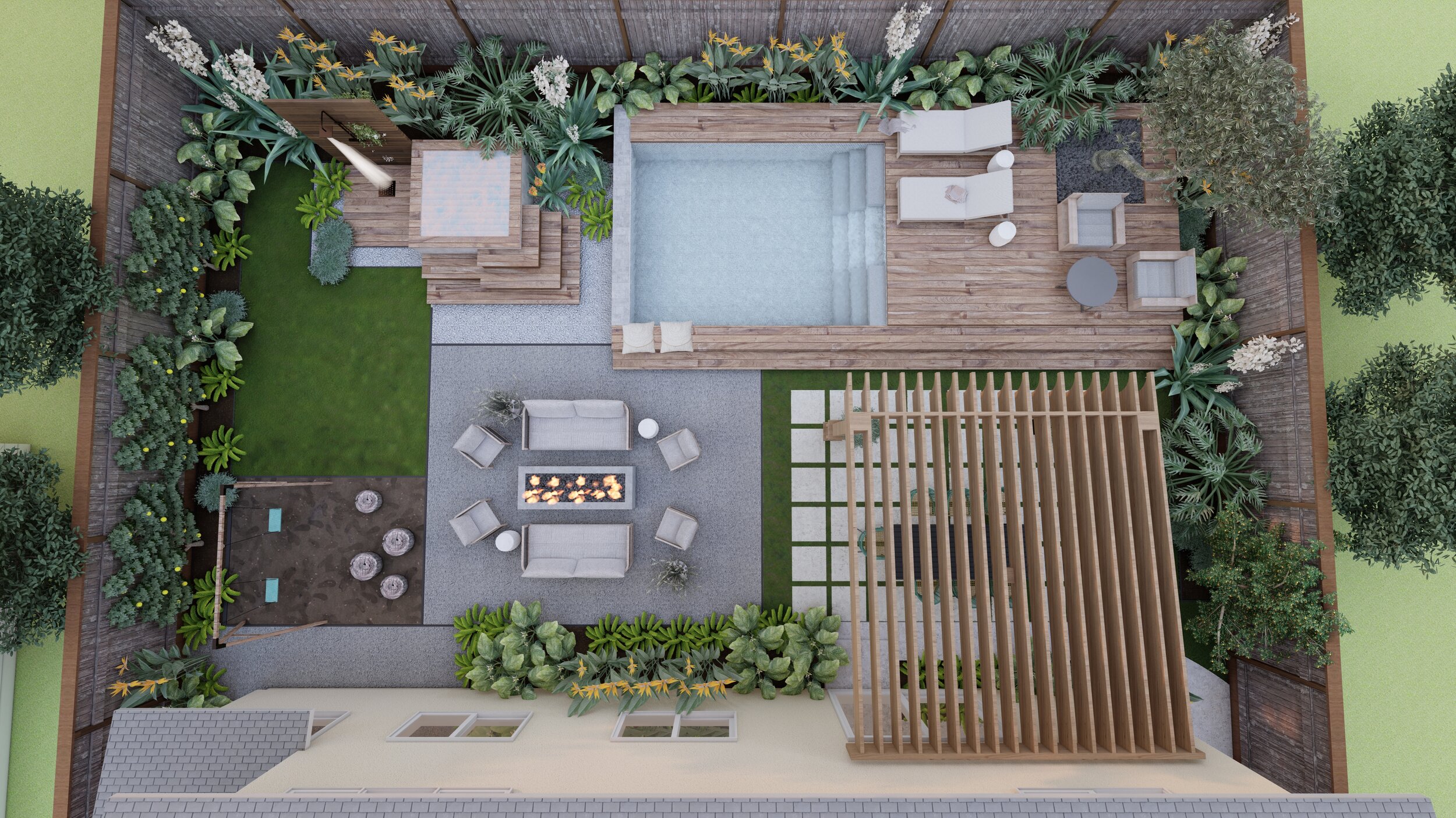 Overhead view of tropical backyard with fire pit, pergola, hot tub, outdoor shower, plunge pool and dining area