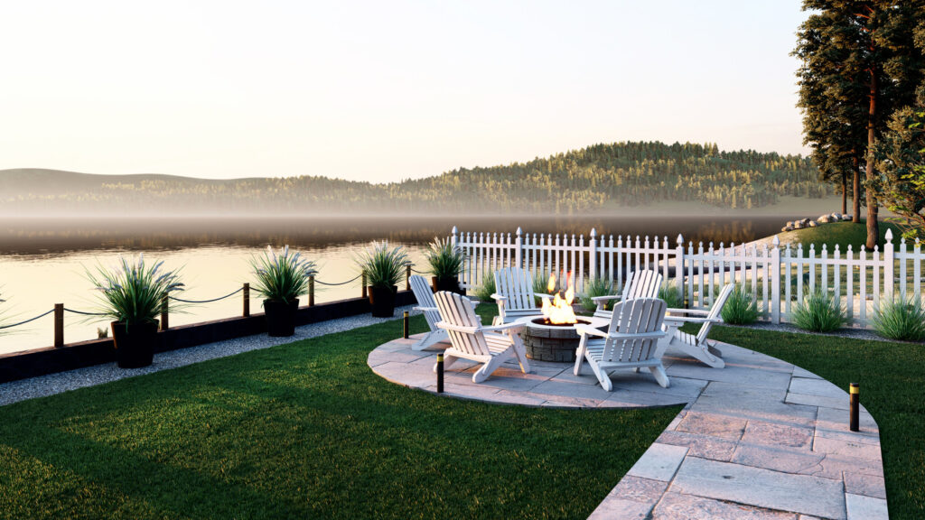 Waterfront backyard with lawn and hardscaped fire pit and seating area